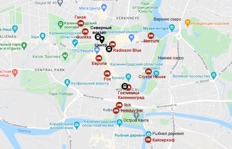 карта лучших отелей Калининграда