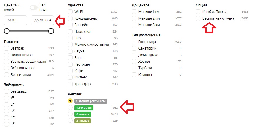 фильтры поиска отелей Яндекса