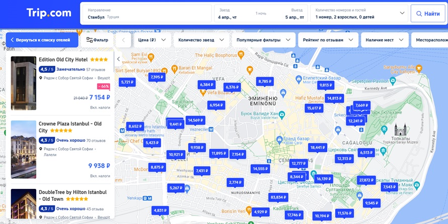 карта с отелями в центре Стамбула