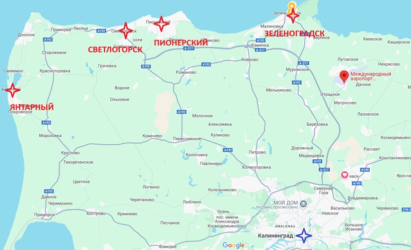 курорты на карте Калининградской области