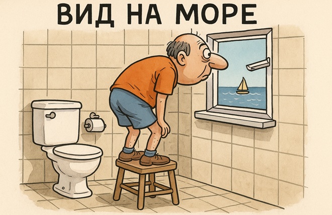 Турист на табуретке в туалете пытается увидеть море