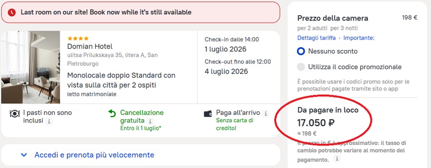 pagamento in hotel in rubli