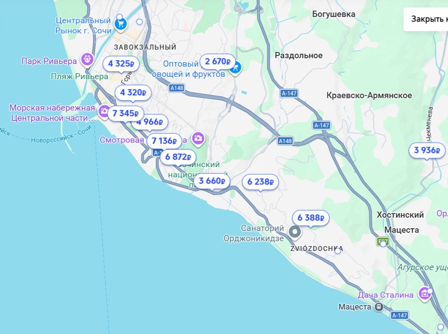 карта отелей в Сочи на Trip.com