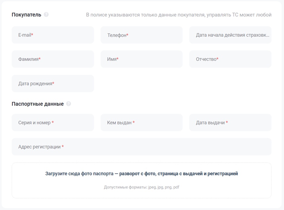 Данные покупателя и паспорта для оформления Синей карты