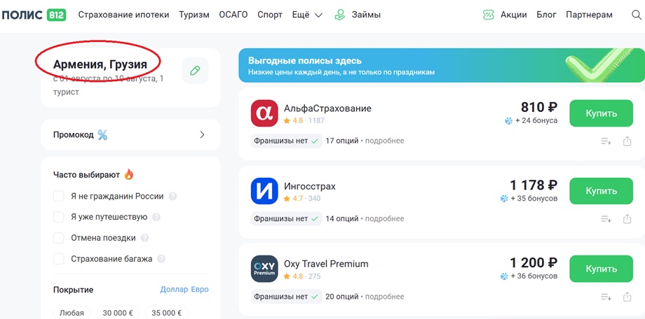 страховка Армения и Грузия в одном полисе