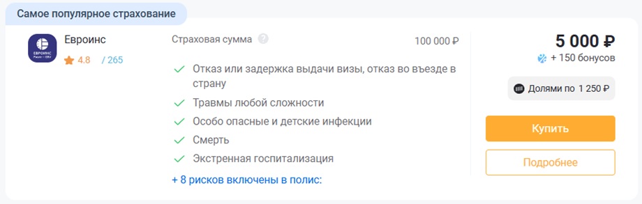 Страховка от невыезда Евроинс ERV на сумму 100 000 рублей